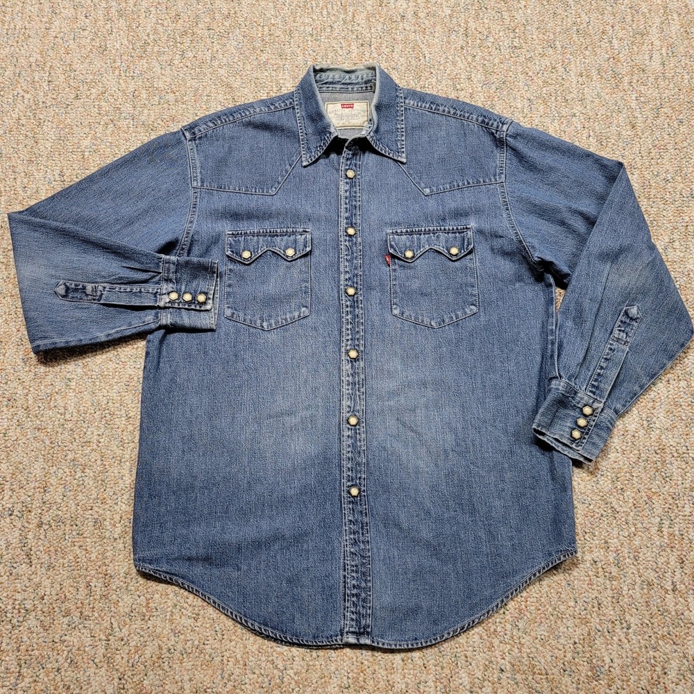 Levi Denim Western Shirt Mens Medium Blue Denim Hex Pearl Snap Sawtooth Pocket